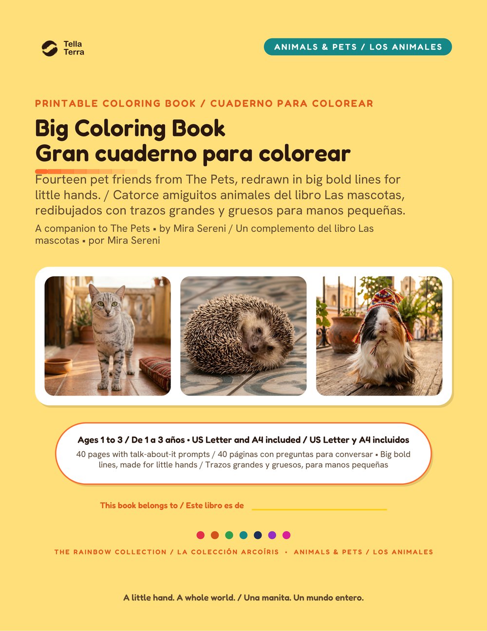 Cover of the Big Coloring Book, bilingual English and Spanish edition, Tella Terra: The Pets
