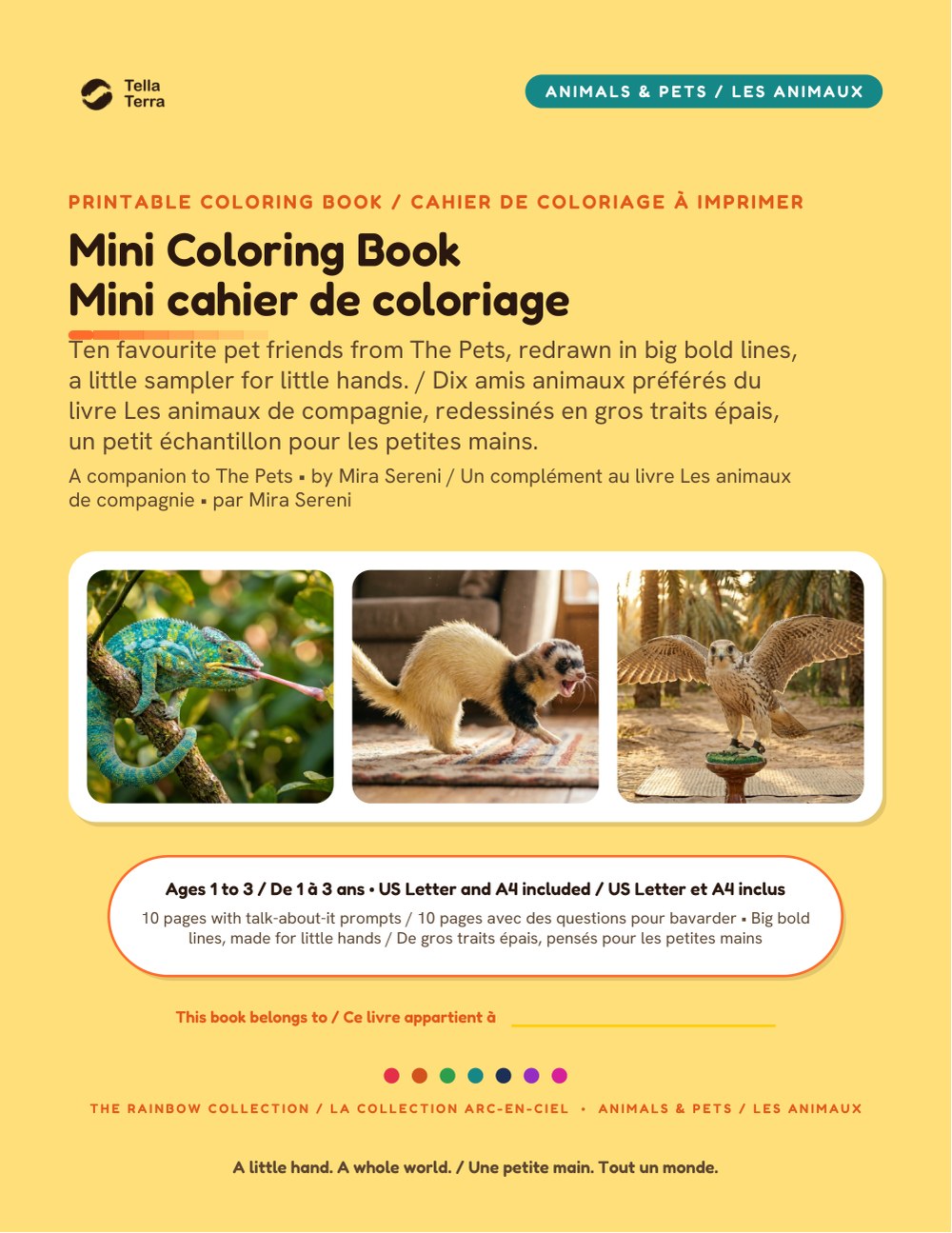 Cover of the Mini Coloring Book, bilingual English and French edition, Tella Terra: The Pets