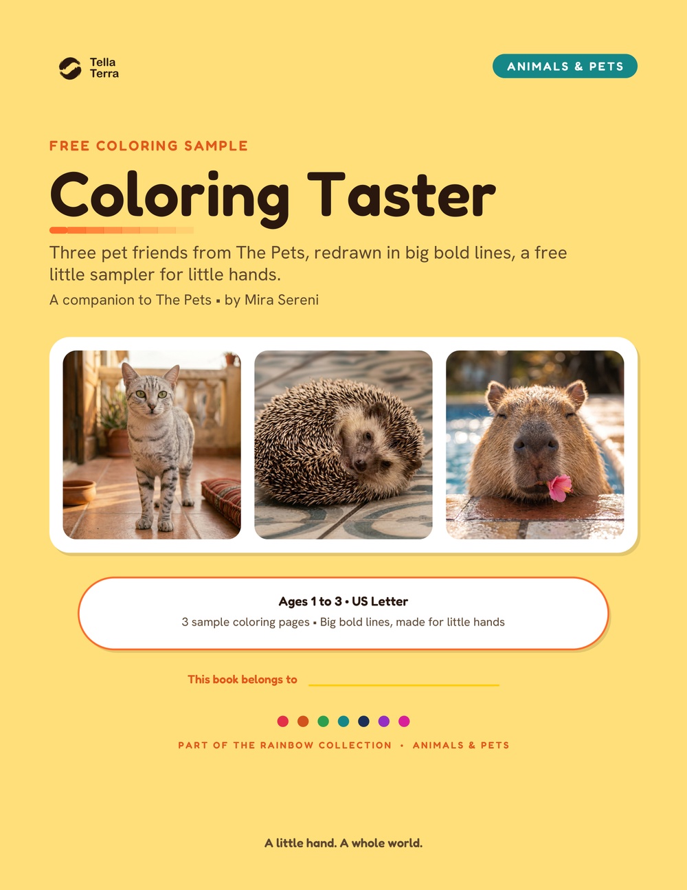 Cover of the free Tella Terra: The Pets coloring taster, three sample pages